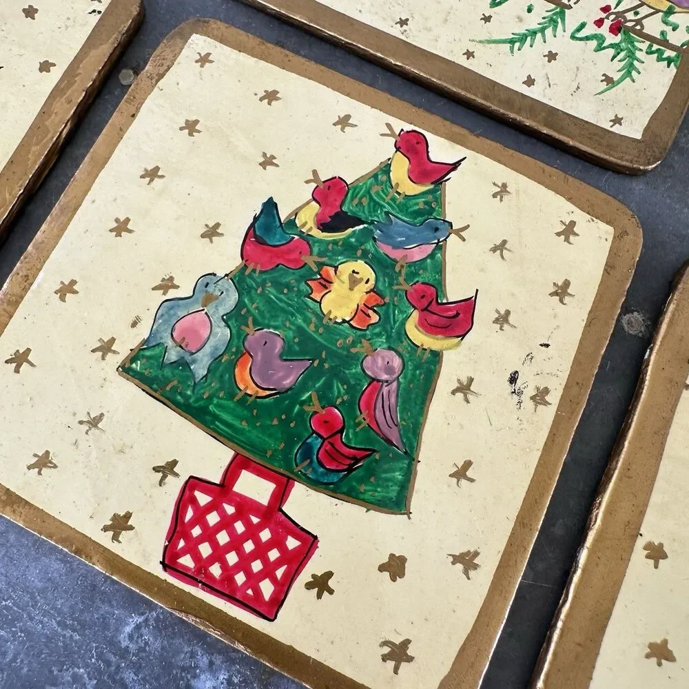 VTG Foreside Christmas Birdhouse Tree Coasters Set 6 Papier Mache Square W/ Box